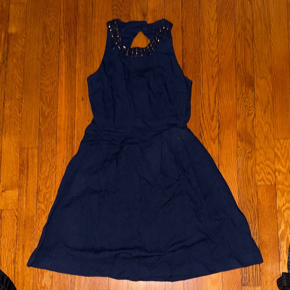New York & Company Navy Sleeveless Dress with Beaded Neckline